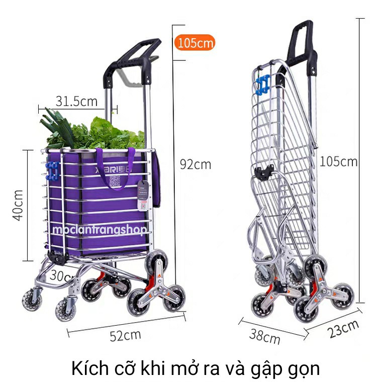 Xe đẩy kéo hàng inox đa năng 2 trong 1 thông minh leo bậc thang kèm túi vải. Xe kéo đi chợ, siêu thị chở hàng gấp gọn