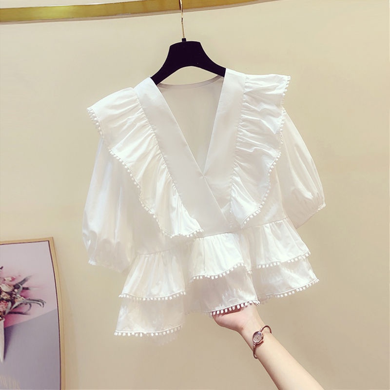 Jiashucheng Áo Sơ Mi Ngắn Tay Cổ Chữ V Eo Cao Phong Cách Thời Trang Pháp Ngọt Ngào Mùa Hè Hàng Mới Dành Cho Bạn Nữ