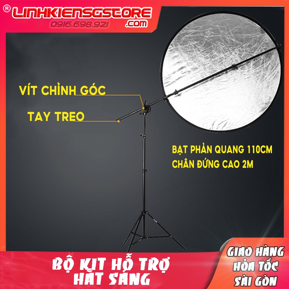 Bộ kit hắt sáng chuyên nghiệp cho studio tripod 2m + tay treo ngang + tấm phản quang 110cm màu bạc