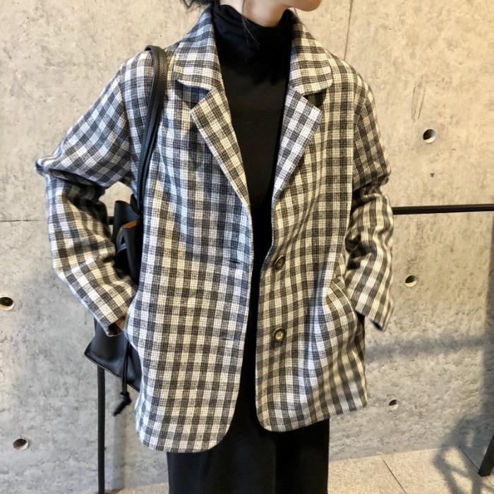 Áo Blazer New Korean Version Ins Mid-length Loose Fashion Retro Casual Plaid Suit Jacket Women