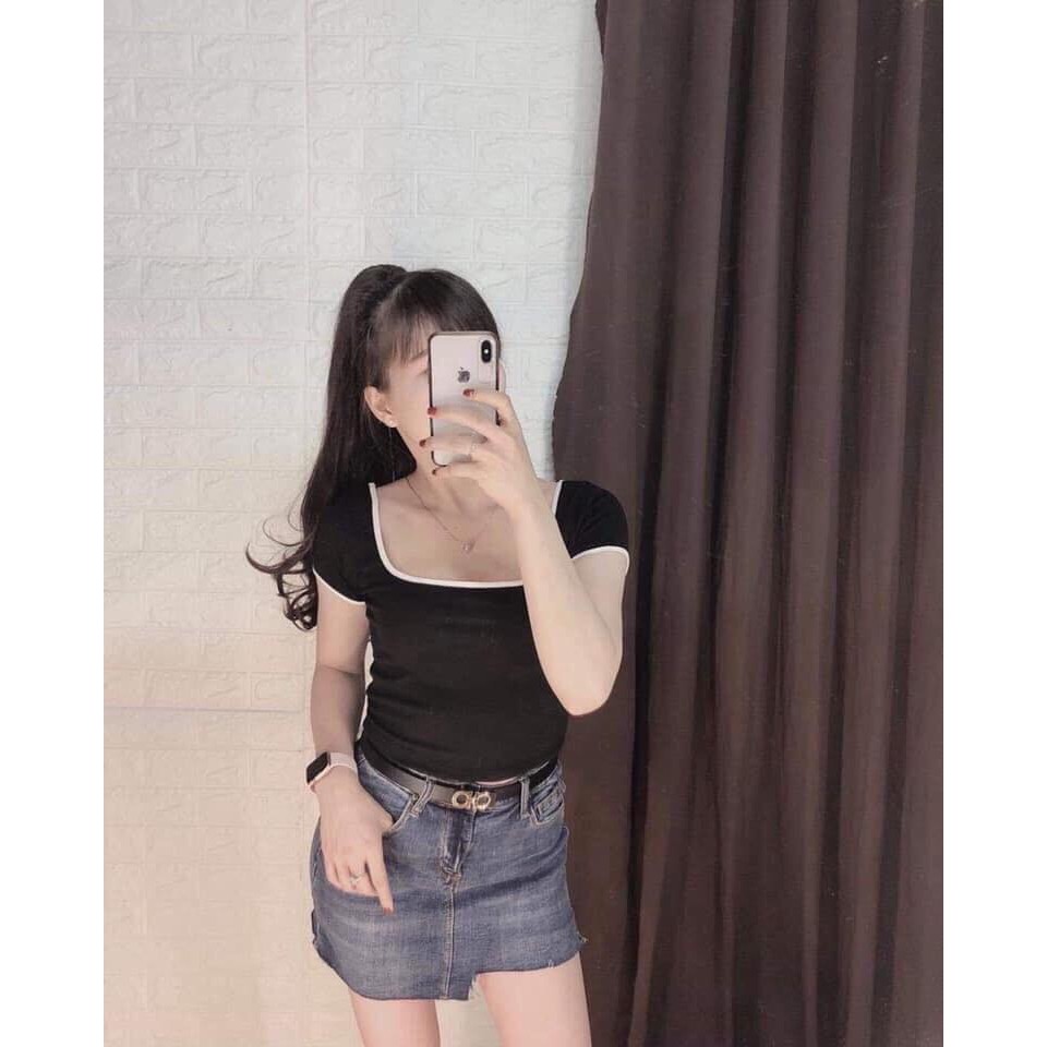 Áo croptop xinh viền cổ vuông chất đẹp