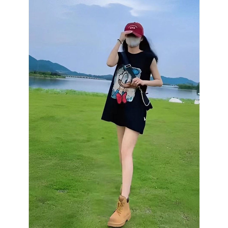 Áo Thun Đen Không Tay Dáng Rộng In Họa Tiết Hoạt Hình Phong Cách Mỹ Thời Trang Mùa Hè Cho Nữ