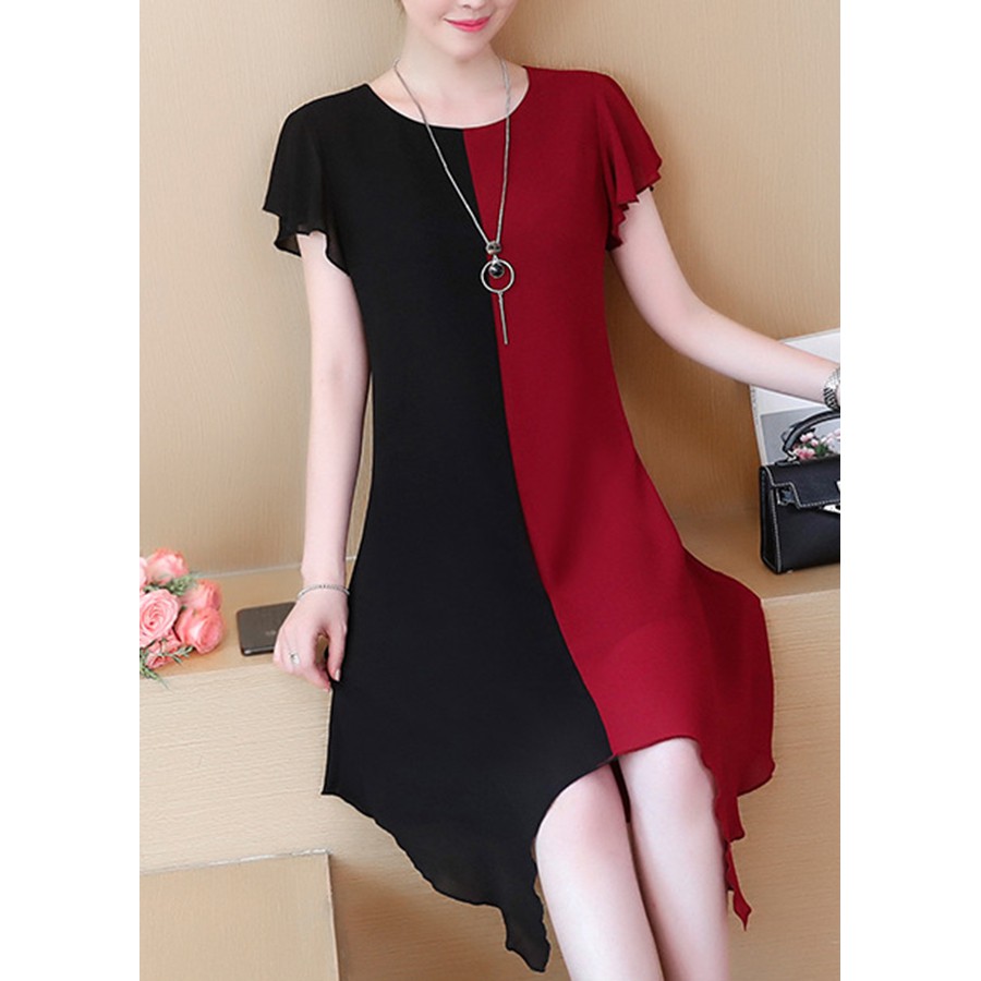 Đầm Suông Dạo Phố Kiểu Chữ A Trung Niên Phối Màu Đen Đỏ Tay Cánh Tiên GOTI 3027