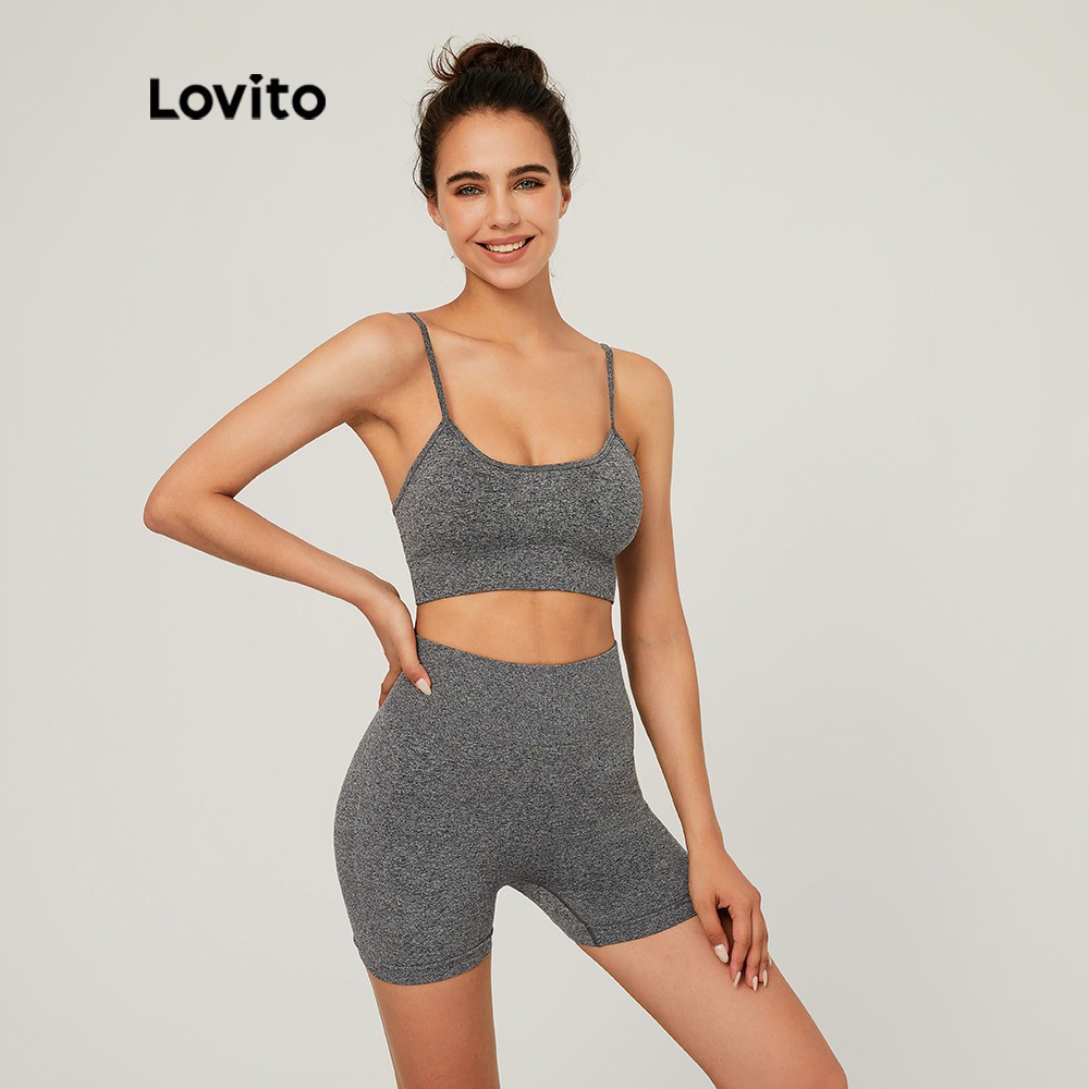 Bộ đồ thể thao Lovito ôm dáng màu trơn cổ tròn không tay co giãn cơ bản L03112 (màu xám)