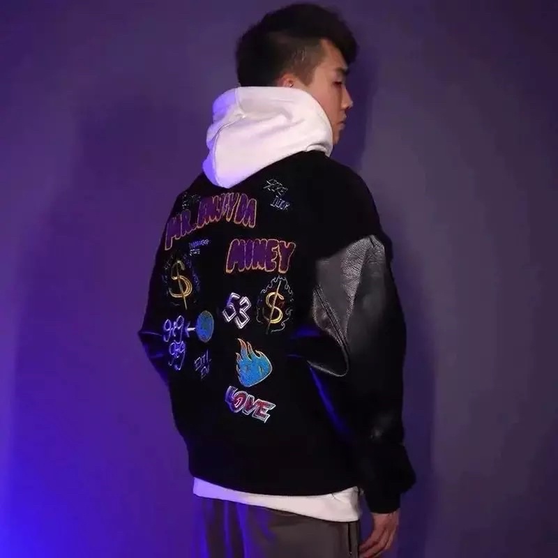 Áo Khoác Bomber Kaki Nam Nữ Phối Tay Da T-A-N From Rộng Hàn Quốc Hình Thêu Nét AKD10. Màu Đen