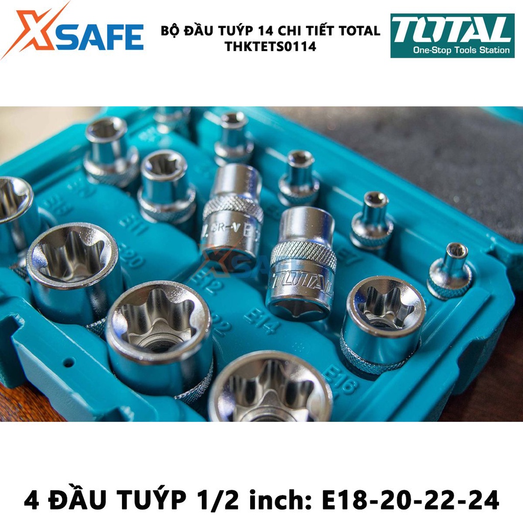 Bộ đầu tuýp 14 chi tiết TOTAL THKTETS0114 | bộ 14 tuýp loại E chất liệu CR-V (50BV30) gồm 5 đầu tuýp 1/4 inch