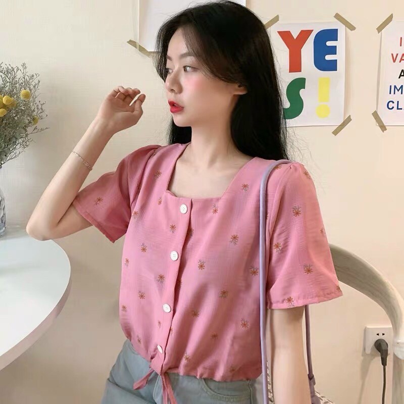áo bông phối nút cổ vuông ngắn tay