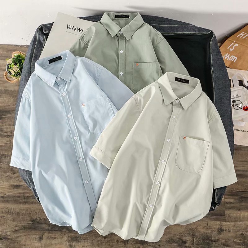 Men's retro simple solid color short-sleeved shirt