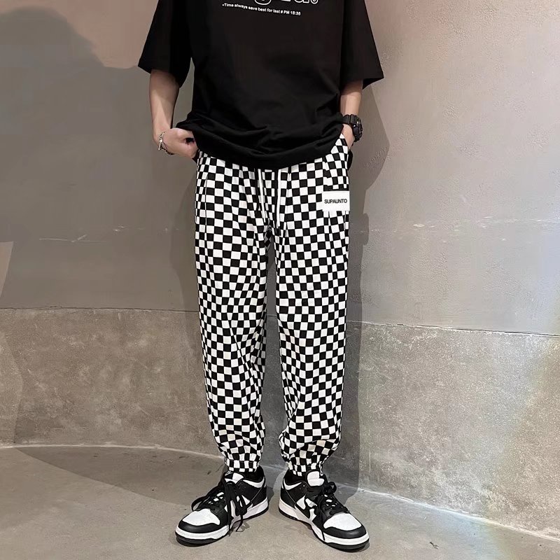 Quần ống rộng Sọc Caro Trắng Đen Thời Trang Nam Tính