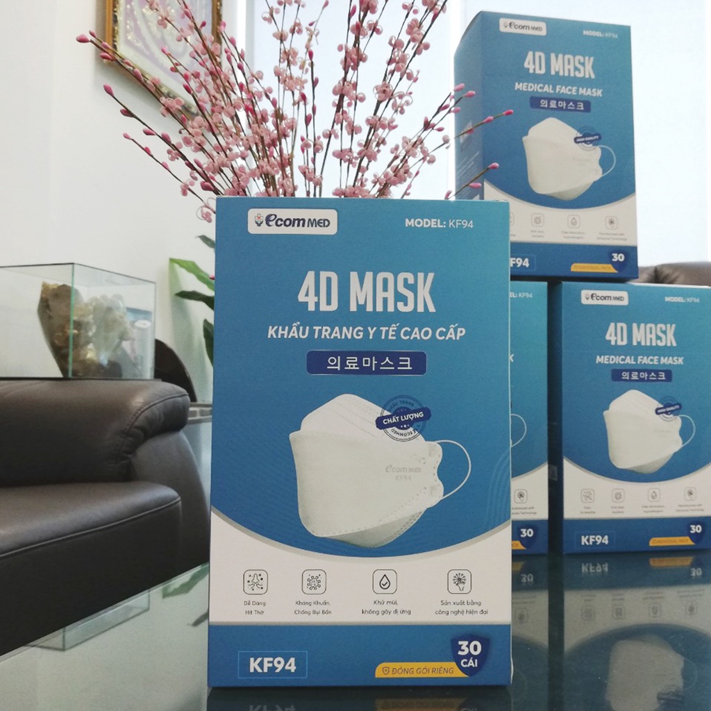 Khẩu Trang 4D KF94 EcomMed (Hộp 30 cái Đóng Bịch Riêng) - Đạt chuẩn FDA Hoa Kỳ