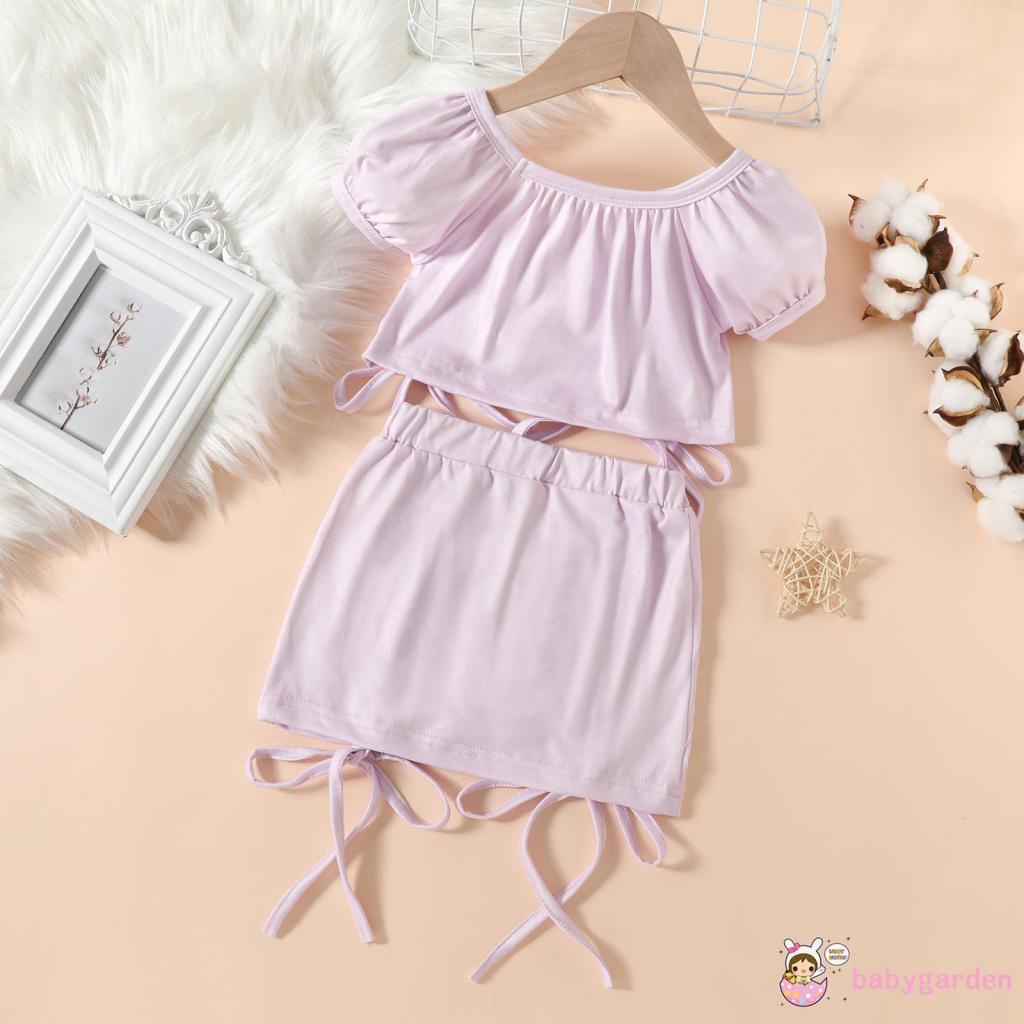 BABYGARDEN-Baby Girls 1-5Year Two-Piece Outfits, Solid Color Tie-Up Straps Pleated Clothes Suit, Short Puff Sleeve Crop Tops + Elastic Waist Skirt Set