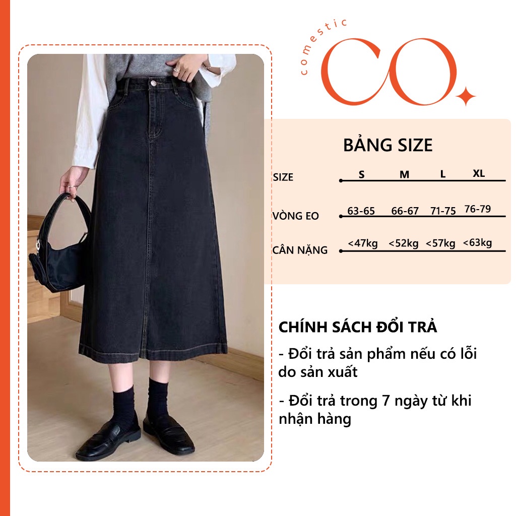 Chân váy jean dài cạp cao, váy jean bò nữ dài cạp chỉnh to nhỏ phong cách Hàn Quốc_A14