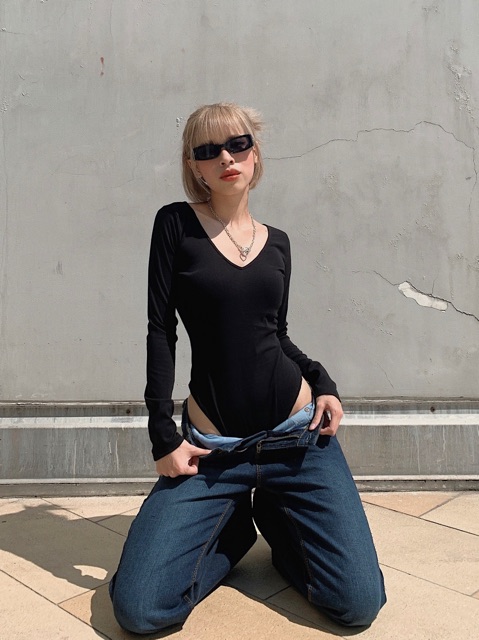 Bodysuit jumsuit tay dài cổ tim sexy thun cotton đứng form Áo liền quần đồ bơi | BigBuy360 - bigbuy360.vn