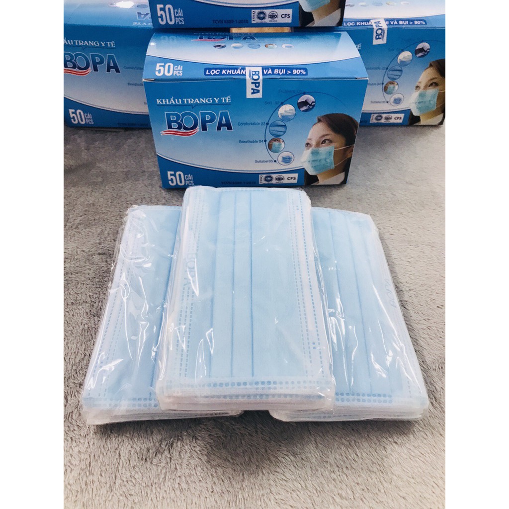 Hộp 50 khẩu trang y tế màu Xanh 4 lớp kháng khuẩn Bopa | BigBuy360 - bigbuy360.vn