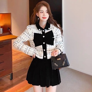 Set áo dạ nơ chân váy nhung chuẩn vivi