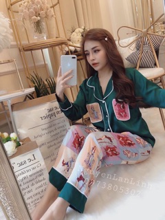 BỘ NGỦ LỤA SATIN DÀI TAY HÌNH CÔ GÁI