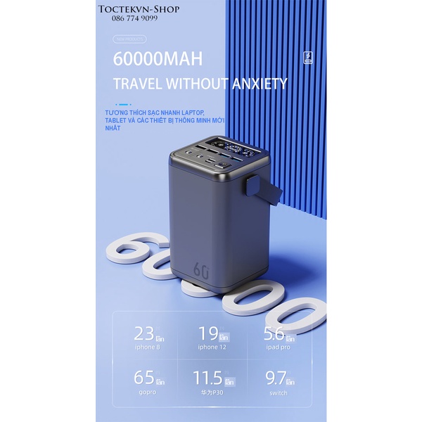 Pin sạc dự phòng công suất 60.000 mAh dùng cho Laptop điện thoại