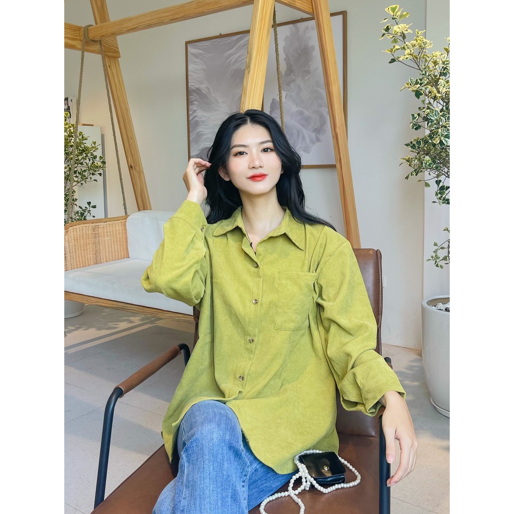 Áo sơ mi nhung tăm, sơ mi nữ, áo dài tay oversize có sẵn, max 63kg