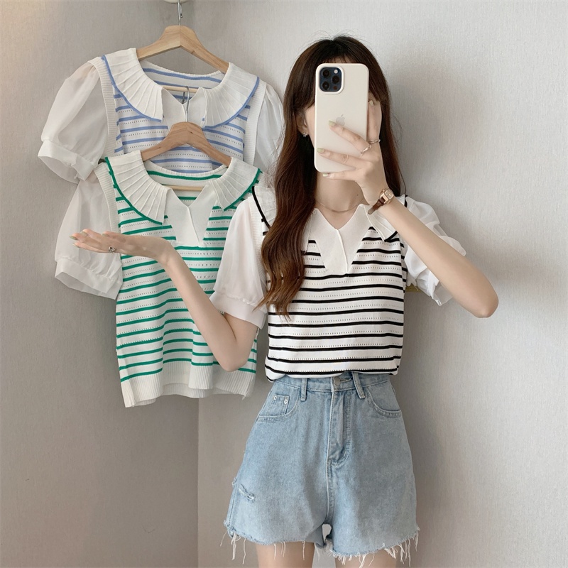 Áo Thun Dệt Kim Ngắn Tay Dáng Ôm Họa Tiết Kẻ Sọc Thời Trang Hàn Quốc Cho Nữ