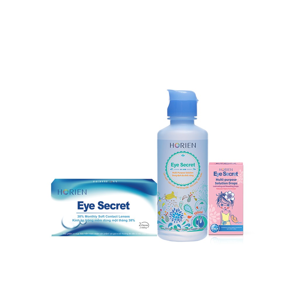 Combo Kính Áp Tròng Không Màu Dùng 1 Tháng, Dung dịch ngâm kính 120ml và nhỏ mắt 15ml Eye Secret