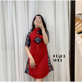 Áo dài cách tân phong cách, đầm đỏ sườn xám phối gấm hoa cao cấp