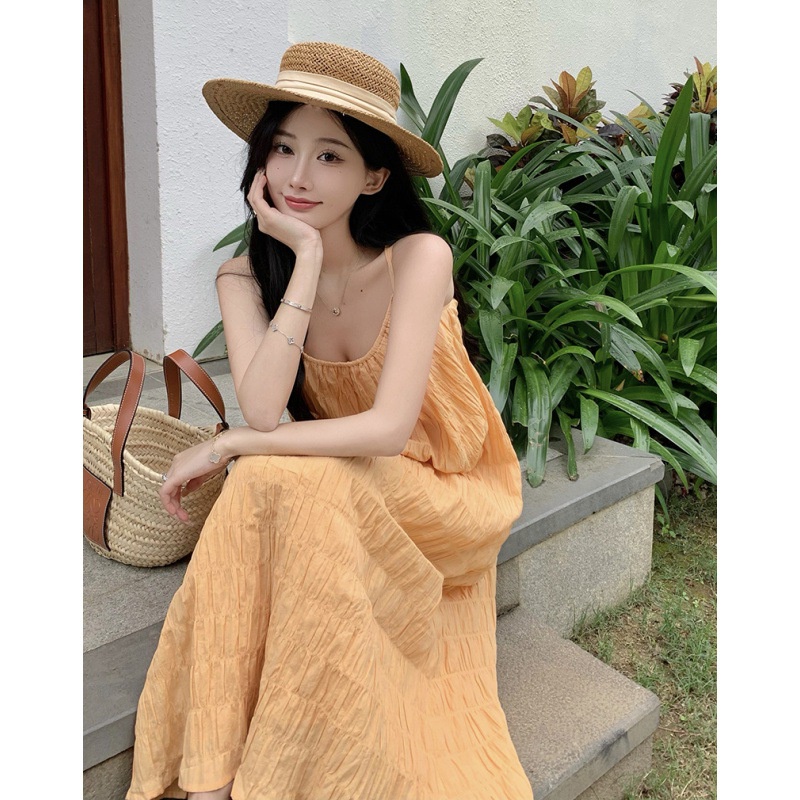 [Augustcloth] Đầm/ Váy đi biển xếp ly nhỏ 2 dây hở lưng phong cách Hàn Quốc