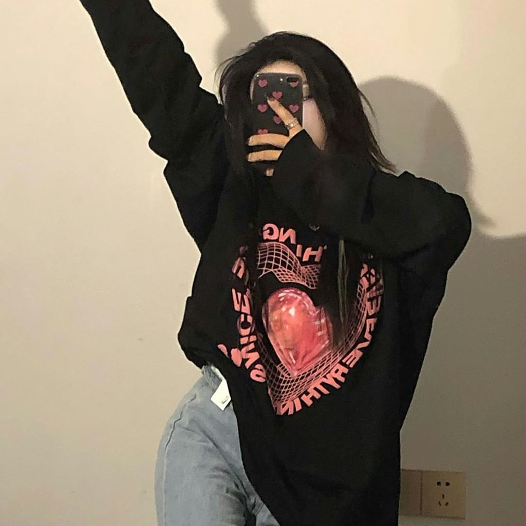 Áo thun sweater tay dài in hình trái tim thời trang xuân thu