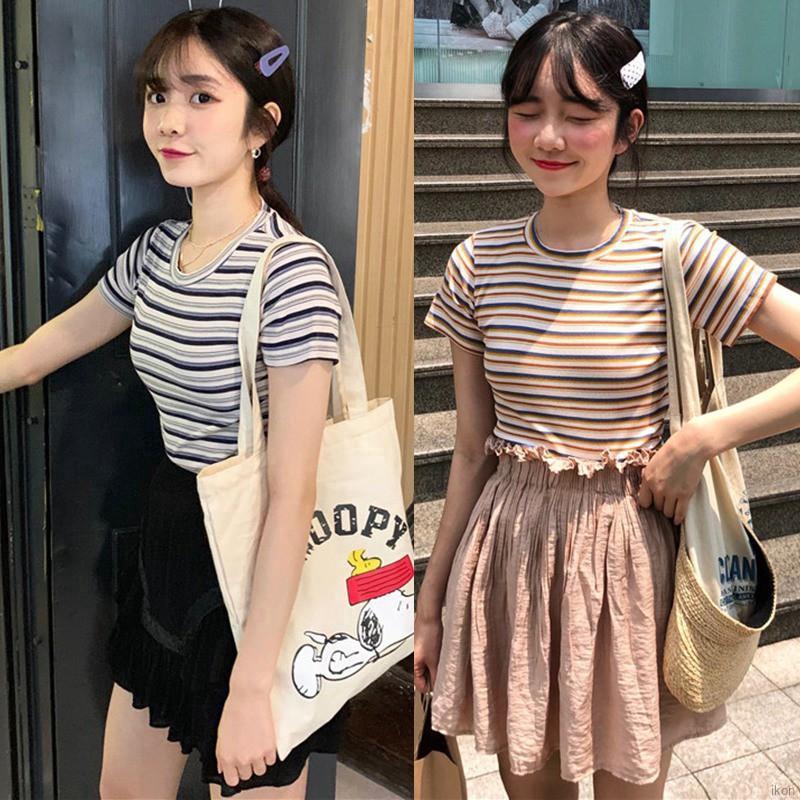 Áo thun Áo Croptop tay ngắn cổ tròn họa tiết kẻ sọc cho phái nữ