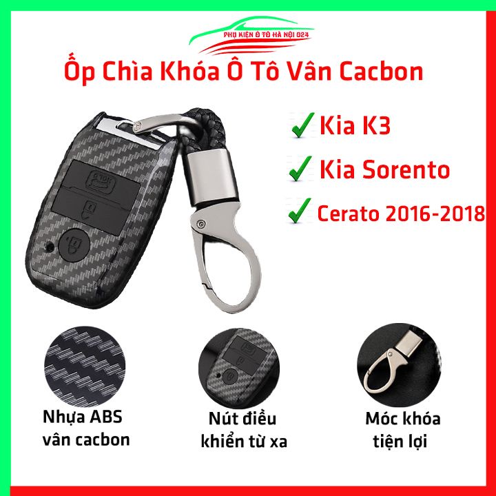 Ốp khóa cacbon K3, Cerato 2016-2018, Sorento bản chìa gập kèm móc khóa