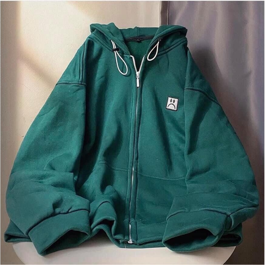 Áo khoác hoodie nỉ bông thêu Icon chữm nữ màu xanh Cheapy form rộng khóa kéo oversize mặc mùa đông cá tính hàn quốc