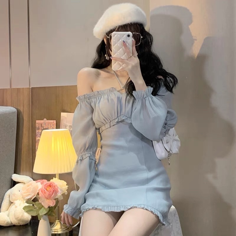 Váy Ngắn Tay Bồng Chít Eo Xanh Cho Nữ
