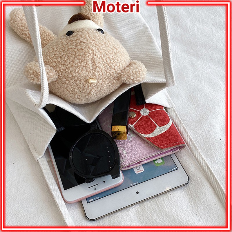 Túi tote vải canvas đi học đeo vai đẹp rẻ kèm gấu bông MOTERI