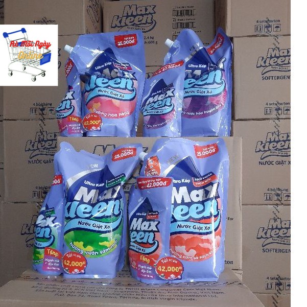 (ĐỦ 4 HƯƠNG) Túi Nước Giặt Xả 2in1 Maxkleen 2,4kg Tặng Túi 600ml