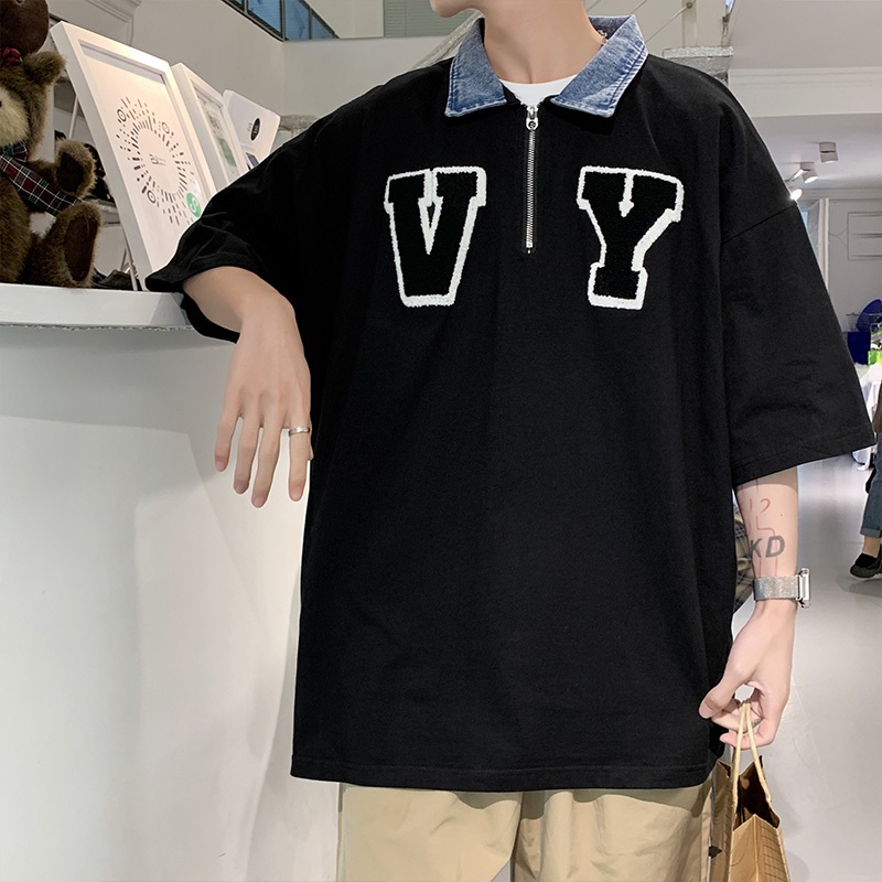 Áo Thun Tay Ngắn Cổ Polo Chất Liệu Denim Có Khóa Kéo In Chữ Phong Cách Hàn Quốc Cho Cặp Đôi
