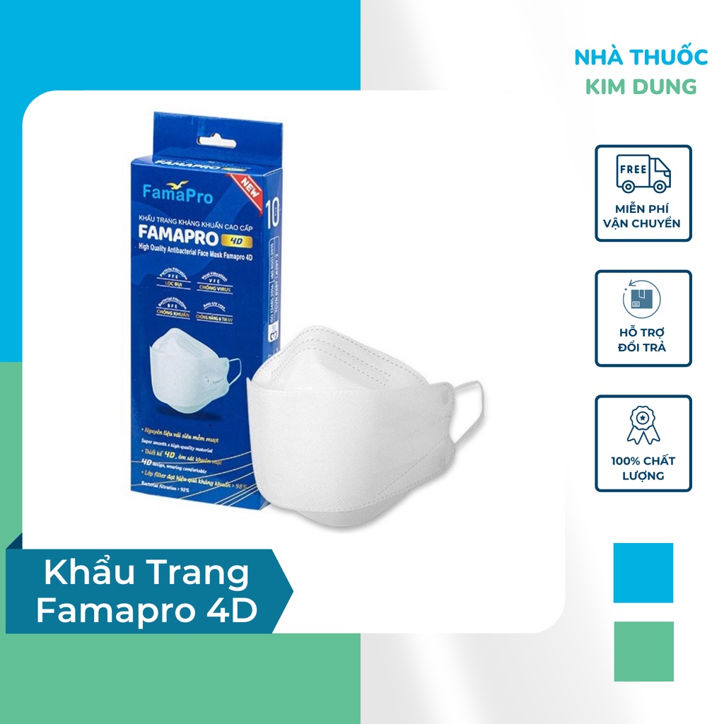 Hộp 10 Khẩu Trang Y Tế Cao Cấp Kháng Khuẩn 3 Lớp Famapro 4D Chính Hãng