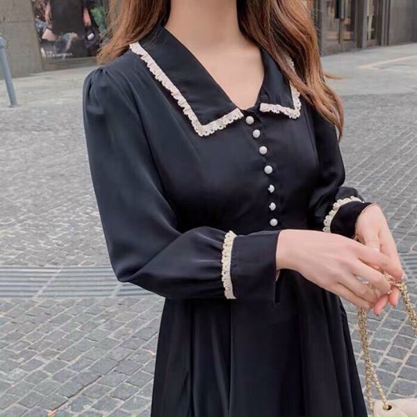 Váy đầm nữ cổ bẻ viền ren tay phồng dáng xòe có hàng nút ngực thanh lịch