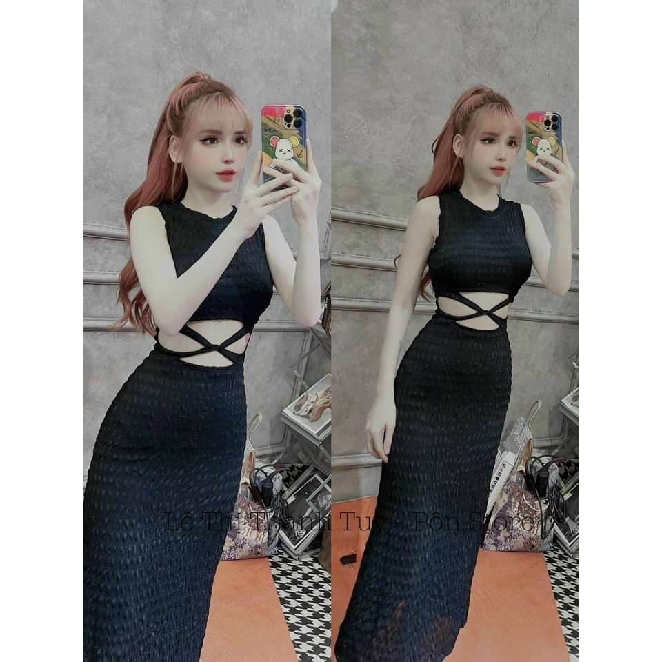 (Ưu Đãi FreeShip) Đầm body nữ dáng dài,đầm xốp đan dây eo cực xinh hàng chuẩn shop lên from siêu tôn dáng,màu hottren
