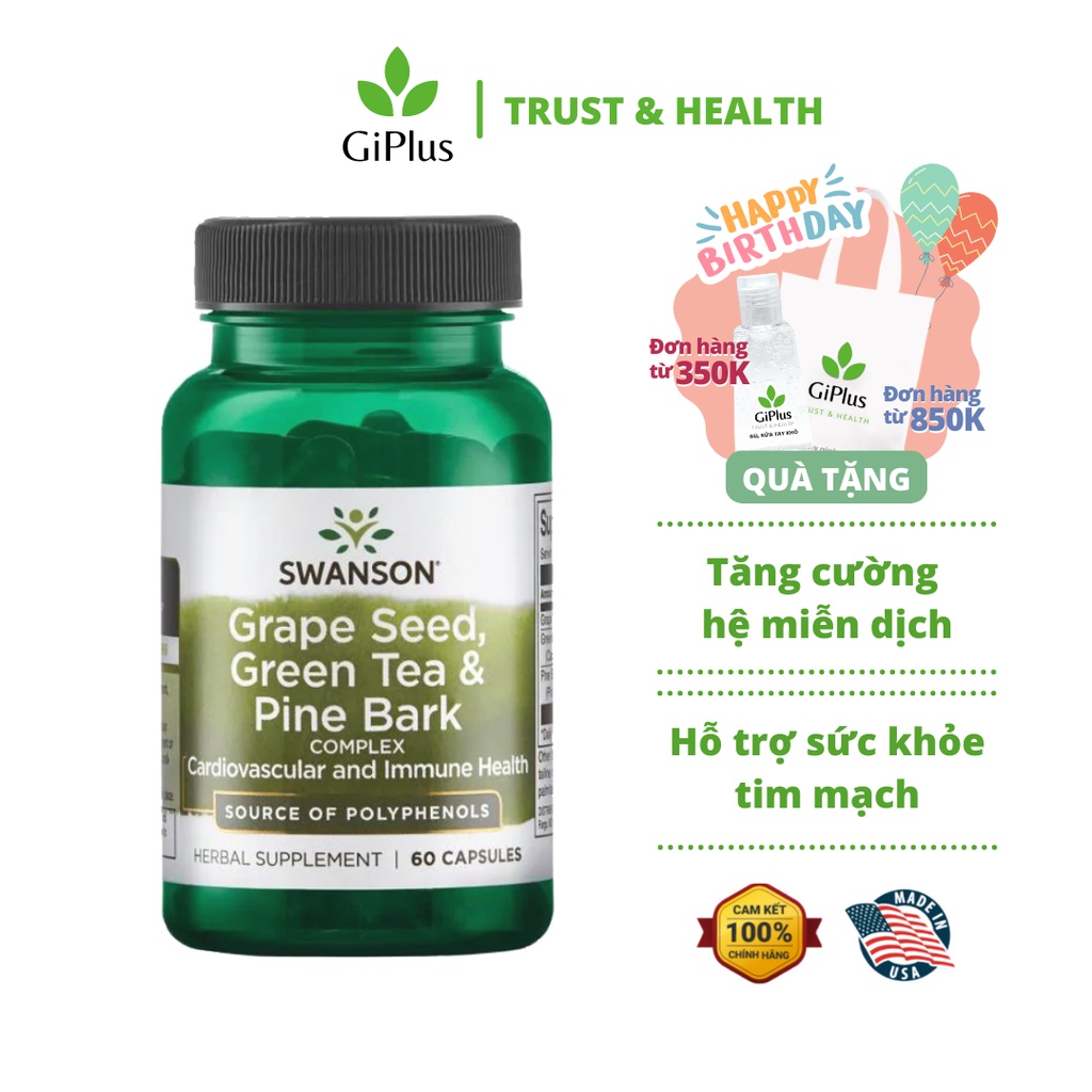 Viên Uống Hỗ Trợ Tim Mạch, Hệ Miễn Dịch Swanson Grape Seed, Green Tea & Pine Bark (60 Viên/Lọ)