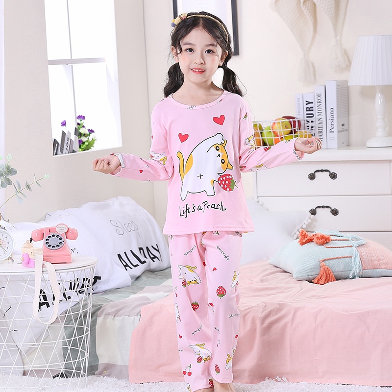 Set đồ ngủ áo thun tay dài + quần dài in hoạt hình Hello Kitty cho bé gái