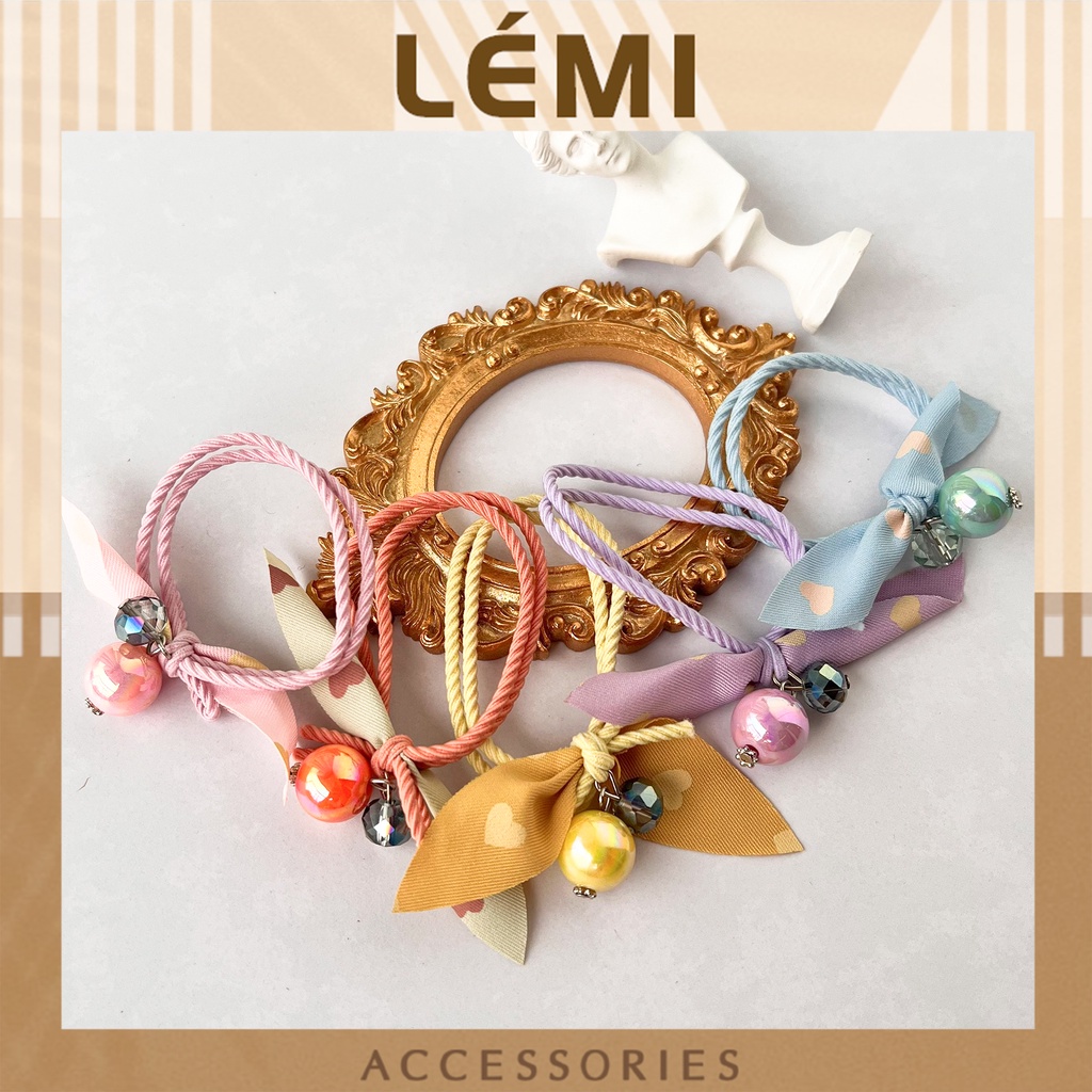 Dây buộc tóc thắt nơ vải trái tim đính đá Chun buộc tóc nhiều màu co giãn tốt dễ thương Lémi accessories