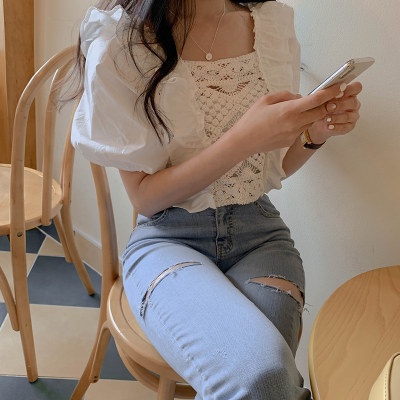 DUNEA Áo Ren Tay Phồng Cổ Vuông Quyến Rũ Thời Trang Cho Nữ