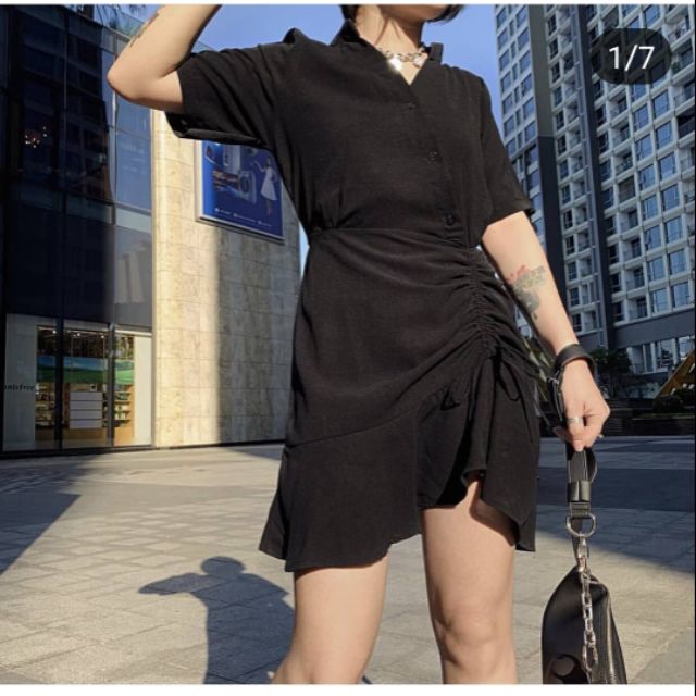 Đầm sơmi phối dây rút