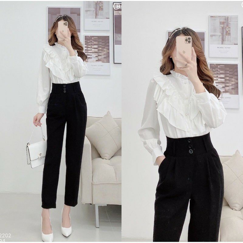 Quần tây lưng cao nữ cạp có đai màu đen dáng dài bản to liền phối 3 khuy cúc cài - Quần vải nữ baggy công sở ống đứng