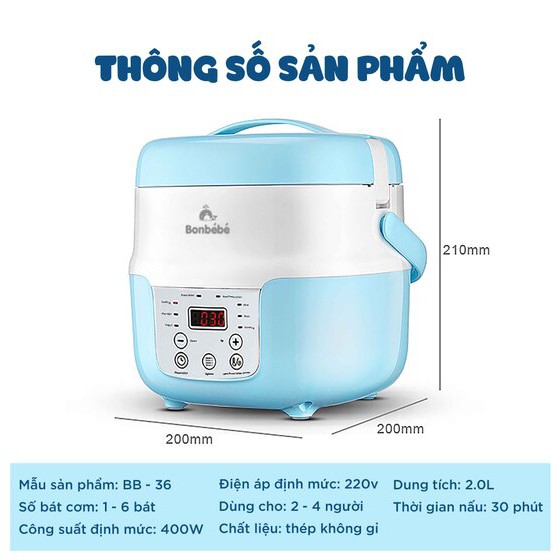 [ CHÍNH HÃNG ] NỒI NẤU NHANH THÔNG MINH BONBÉBÉ BB-36 DUNG TÍCH 2L ( HẦM- HẤP- CÁCH THỦY )