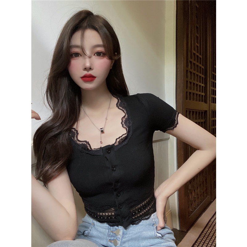 Cocory vn Áo croptop tay ngắn dáng ôm phối ren hoa thời trang quyến rũ cho nữ
