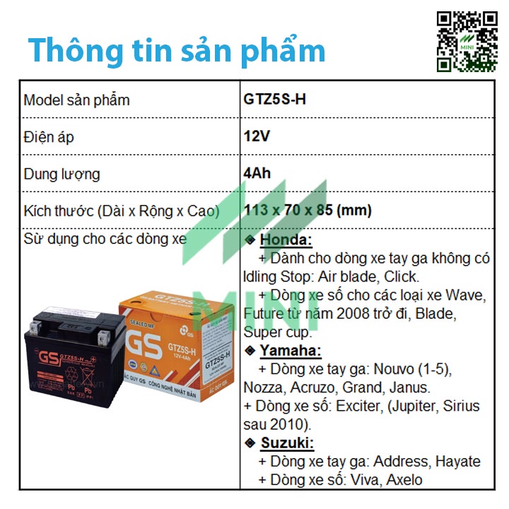 Bình ắc quy khô GS GTZ5S-H (12V – 4Ah) dành cho Honda, Yamaha, Suzuki....