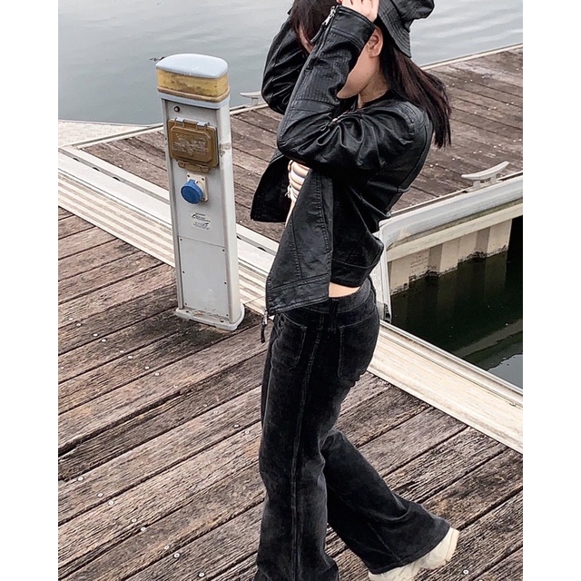 Áo khoác biker + quần nhung tăm