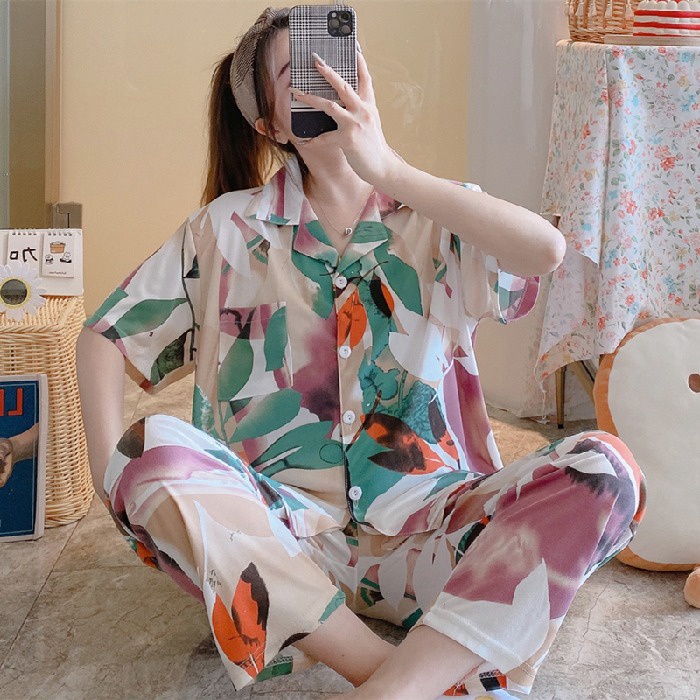 Bộ Đồ Ngủ Tay Ngắn Vải Cotton In Họa Tiết Thời Trang Xinh Xắn Cho Nữ