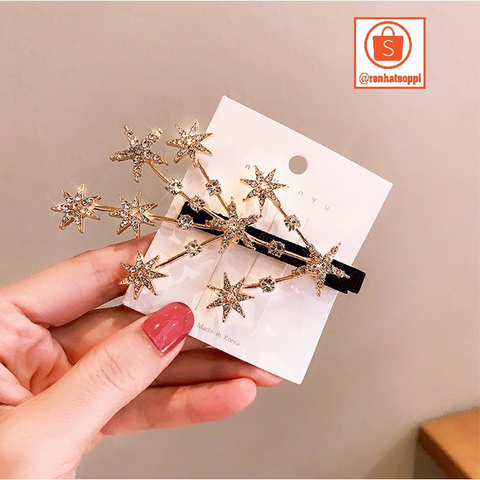 Kẹp tóc kim loại đính đá ngôi sao cho nữ, phụ kiện tóc sang chảnh