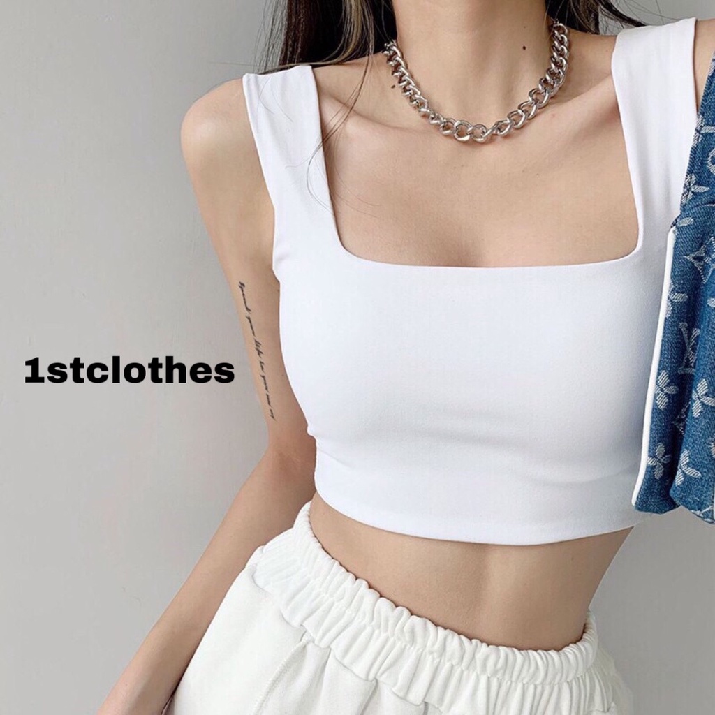 Áo croptop nữ bản to 2 dây cổ vuông kiểu dáng ôm body trẻ trung cá tính 1st clothes
